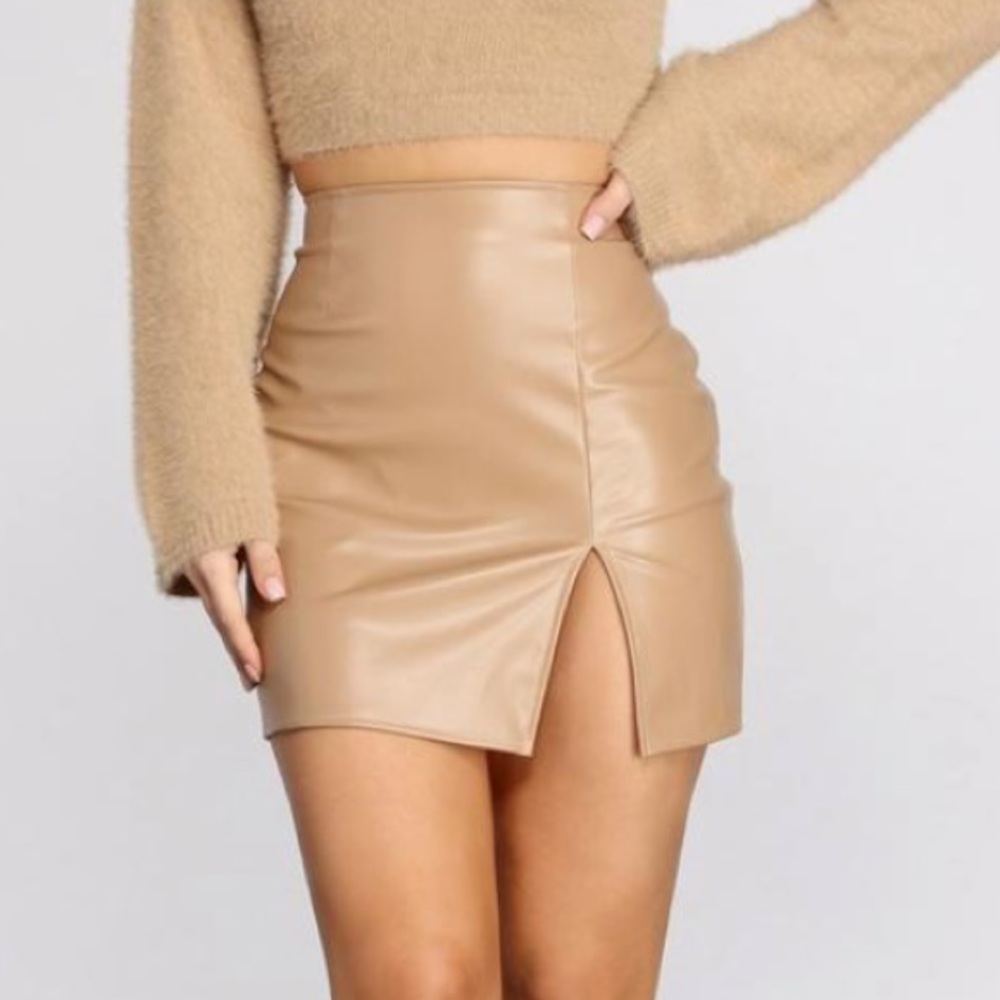 NWOT Faux leather tan mini skirt